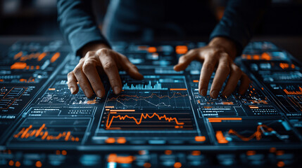Aufkleber - person interacting with futuristic digital interface displaying data analytics and graphs. hands are positioned over glowing touchscreen with vibrant orange and blue elements