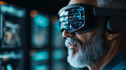 Fototapete - man wearing virtual reality goggles experiences immersive simulation, surrounded by digital interfaces and data displays. scene captures excitement of technology