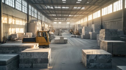 Canvas Print - A large-scale granite factory with heavy equipment processing raw granite blocks into polished slabs for use in construction projects.