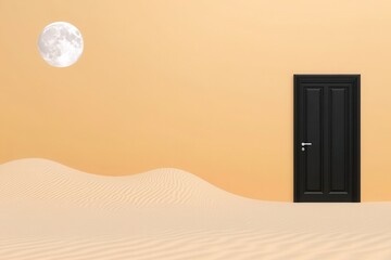 Canvas Print - Black door in desert landscape under full moon.