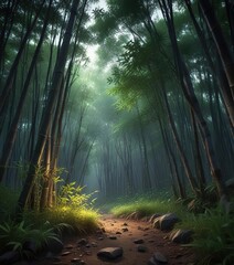 Bamboo in forest under a dark tree with bright shoots, bamboo, plant life