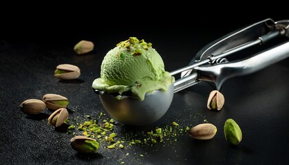 Wall Mural - Pistachio ice cream scoop on silver utensil with falling pieces.