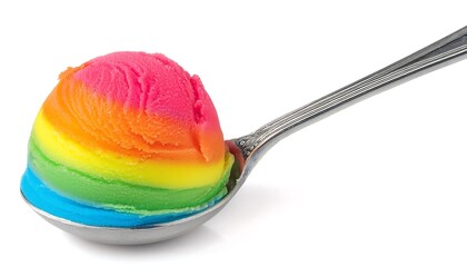 Rainbow ice cream scoop on silver spoon, isolated on white background.