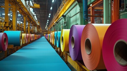 Wall Mural - Bright colors fill the factory as large rolls of colorful paper are processed and prepared for distribution.