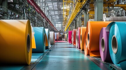 Wall Mural - Bright colors fill the factory as large rolls of colorful paper are processed and prepared for distribution.