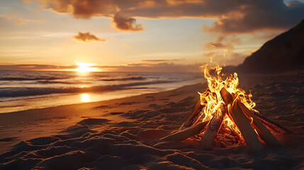 Canvas Print - A beach bonfire at sunset, creating a warm and inviting atmosphere.