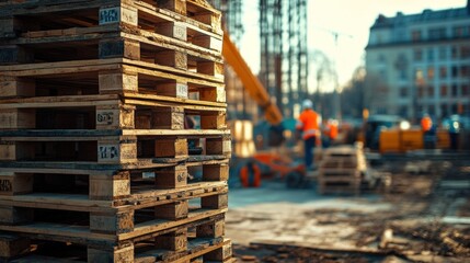 Poster - Stacked pallets on a construction site, ready for use, surrounded by building materials and tools, with workers in the background.