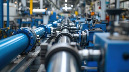 Wall Mural - The production line at a water pipe manufacturing plant, with automated machines shaping and testing pipes, ensuring they meet the required specifications for water distribution systems.