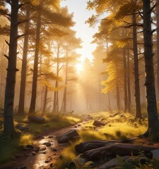 Wall Mural - forest landscape bathed in soft, warm golden light , peaceful scenes, forest landscape, fallen leave