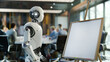 © AI Bay - close up of white robot standing looking at blank white sheet of paper in frame on tripod against background of people sitting in office space at large table