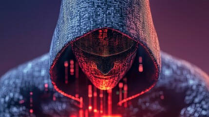 Hooded figure surrounded by digital code, concept of cybercrime and digital disruption