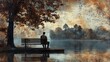 © P.G - A man sitting on a bench by the lake, looking out at the water with a pensive expression, reflecting on life's mysteries
