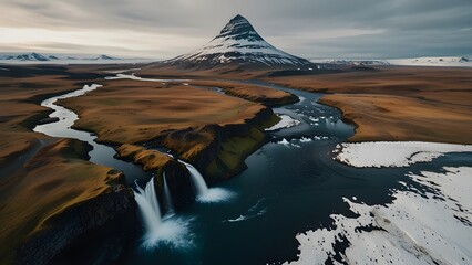 Wall Mural - Aerial view of Mount Kirkjufell with waterfall and river in Iceland. Generative AI