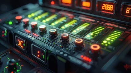 Close-up of futuristic audio mixing console with glowing knobs and digital displays.