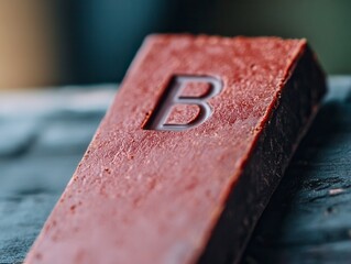 Close-up of dark chocolate bar with letter B embossed.