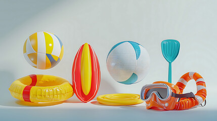 Colorful beach toys including volleyball, surfboard, and snorkel gear