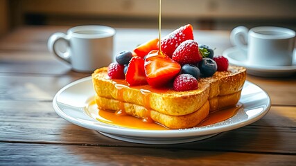 Wall Mural - Delicious Golden French Toast Topped with Fresh Berries and Drizzled with Sweet Syrup on a Rustic Wooden Table