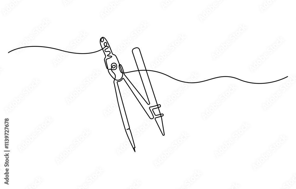 Line Drawing Compass Single continuous line drawing of spring bow compass for drawing circle ...