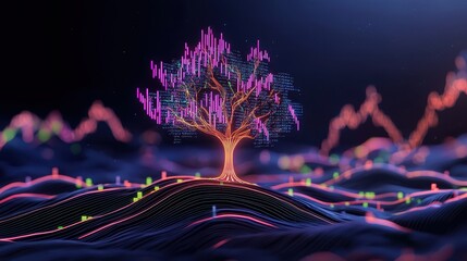 Wall Mural - futuristic tree of data growth with colorful waves and financial graphs in background