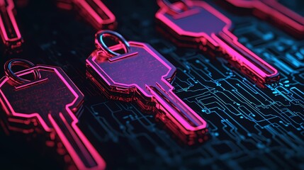 A vibrant array of digital keys against a dark, circuit-like background, symbolizing security and technology in a modern context.