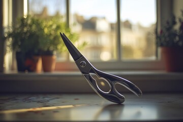 Wall Mural - A pair of scissors elegantly positioned against a soft window backdrop. The sunlight highlights the sharp blades. Creativity meets functionality in this image. Generative AI