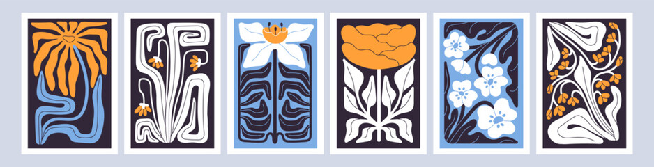 Wall Mural - set of posters with abstract crooked flowers. cards with stylized wildflowers, bloom plants with whi