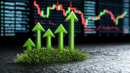 Wall Mural - growth indicators with green arrows over financial graphs representing market trends