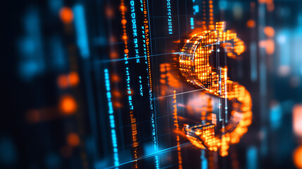 close-up view of a glowing dollar sign amidst digital data streams and codes.