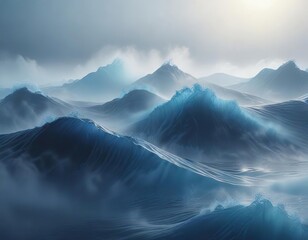Wall Mural - Ethereal abstract blue wave floating on a misty morning fog, wave, dreamy