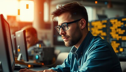 Focused programmer engaged in coding at a modern workspace during daylight hours
