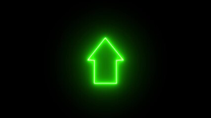 Canvas Print - Neon upload arrow icon on black background. abstract arrow icon. Glowing neon up direction arrow icon animation.