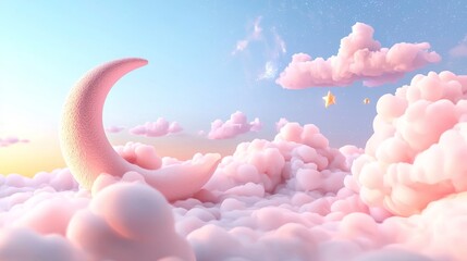 Wall Mural - dreamy cloudscape with pink moon and stars in a serene sky, soft pastel hues creating a peaceful and