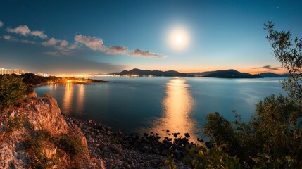 Wall Mural - serene coastal sunset with bright moonlight reflecting on calm waters, capturing the tranquil beauty