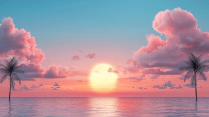 Wall Mural - serene sunrise over tranquil ocean with colorful clouds and palm trees casting silhouettes on the wa