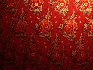 Intricate Red and Gold Textile Pattern: A close-up of a rich, red fabric adorned with a repeating gold pattern, possibly depicting stylized figures or floral motifs.