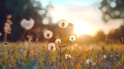 Wall Mural - beautiful sunset over a field of dandelions with soft focus and glowing light enhancing nature's tra