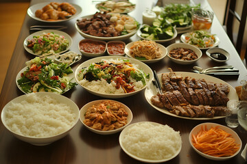 Wall Mural - A Vibrant Feast of Asian Cuisine with Rice, Salads, and Grilled Meats Artfully Arranged