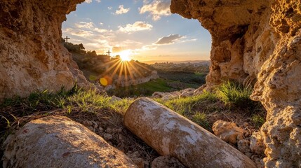 Wall Mural - serene sunset over rolling hills with crosses framed by rocky outcrop, illuminating the vibrant land