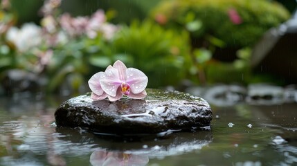 Wall Mural - delicate orchid flower on a wet stone surrounded by nature, showcasing serenity and peace in a rainy