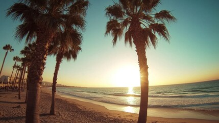 Wall Mural - breathtaking sunset over a serene beach with palm trees silhouetted against a vibrant sky, ideal for
