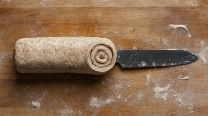 Wall Mural - Whole Wheat Dough Rolled with Knife on Wooden Kitchen Surface