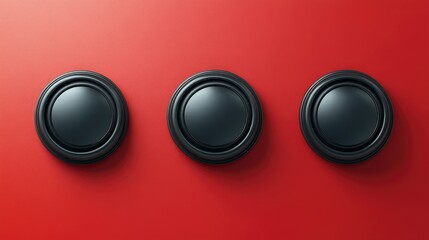 Three black round buttons on red background.