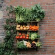 © karnsiree - A side view of a DIY vegetable rack against a brick wall,