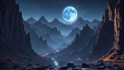 Wall Mural - A blue moon shining through a gap in the mountains, illuminating a breathtaking valley below , blue moon, distant