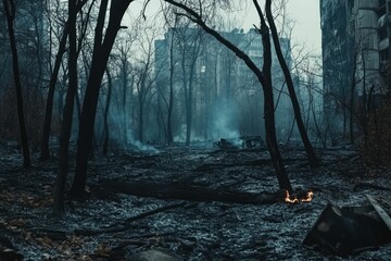 Wall Mural - Smoldering forest, damaged buildings, lingering smoke.