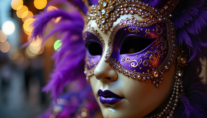 Bright and detailed Mardi Gras mask adorned with feathers, beads, and metal accents on festive background