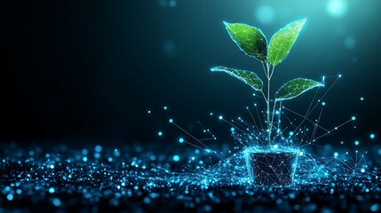Poster - digital plant growing from pot with futuristic neural network visuals and sparkling blue background