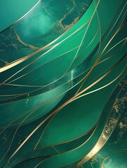 Elegant teal Chinese-style abstract landscape with golden lines. Ethnic-inspired 3D rendering in C4D and OC renderer style. Award-winning innovative design for high-quality banners, flyers, web backgr