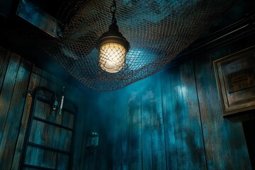 Poster - Dark room, hanging lamp, netting, wood walls, dimly lit.