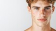 © Lorraine - close-up portrait of young man, textured skin with acne scars, straightforward look, gentle lighting, isolated on white background